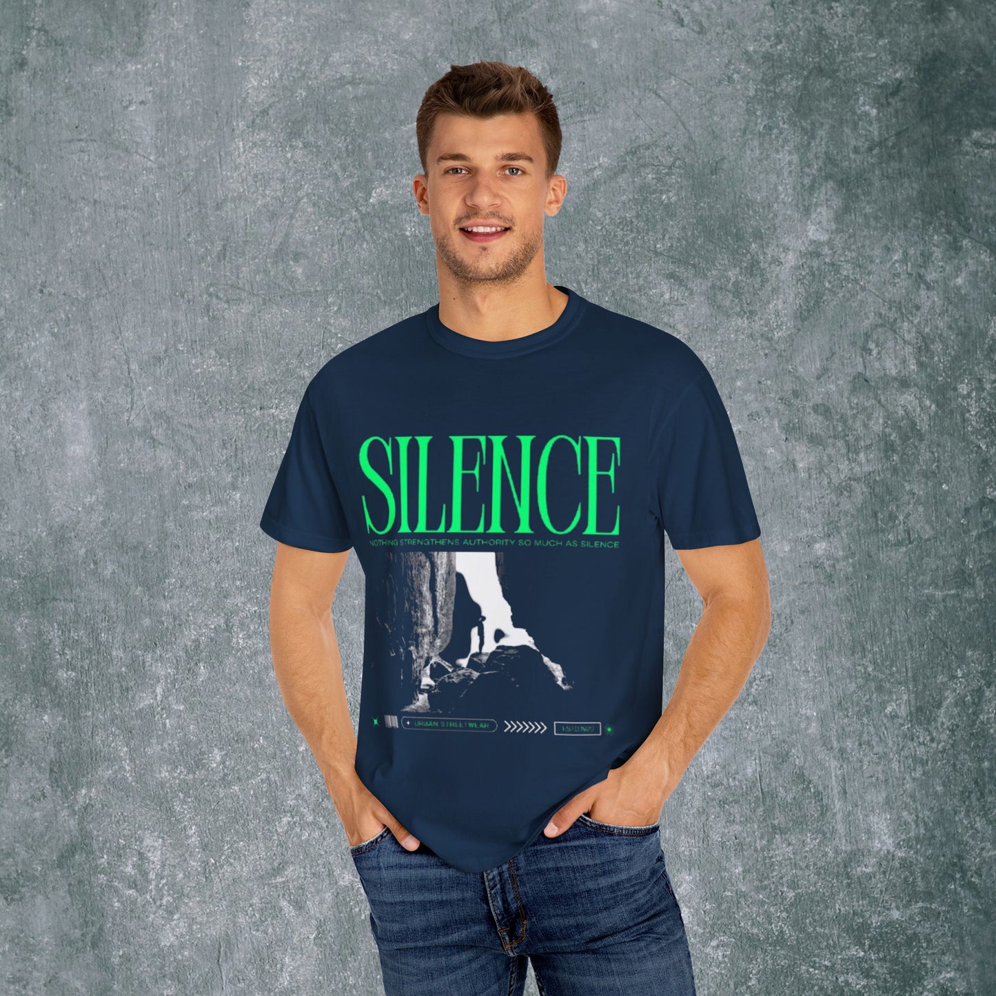 Garment-Dyed T-Shirt with 'Silence' Graphic - Casual Streetwear for Relaxed Vibes
