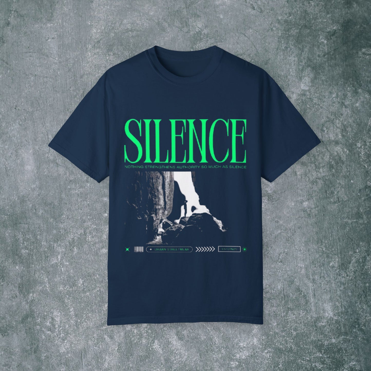 Garment-Dyed T-Shirt with 'Silence' Graphic - Casual Streetwear for Relaxed Vibes