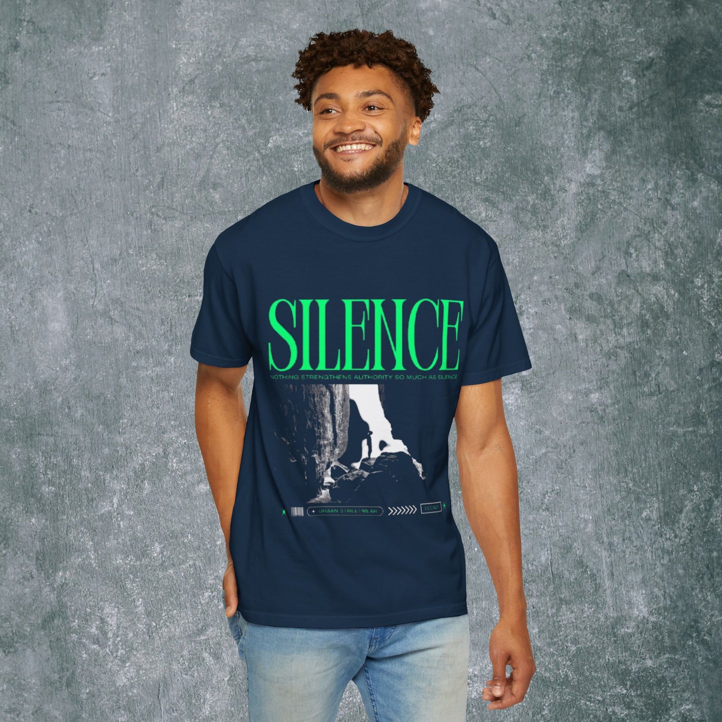 Garment-Dyed T-Shirt with 'Silence' Graphic - Casual Streetwear for Relaxed Vibes