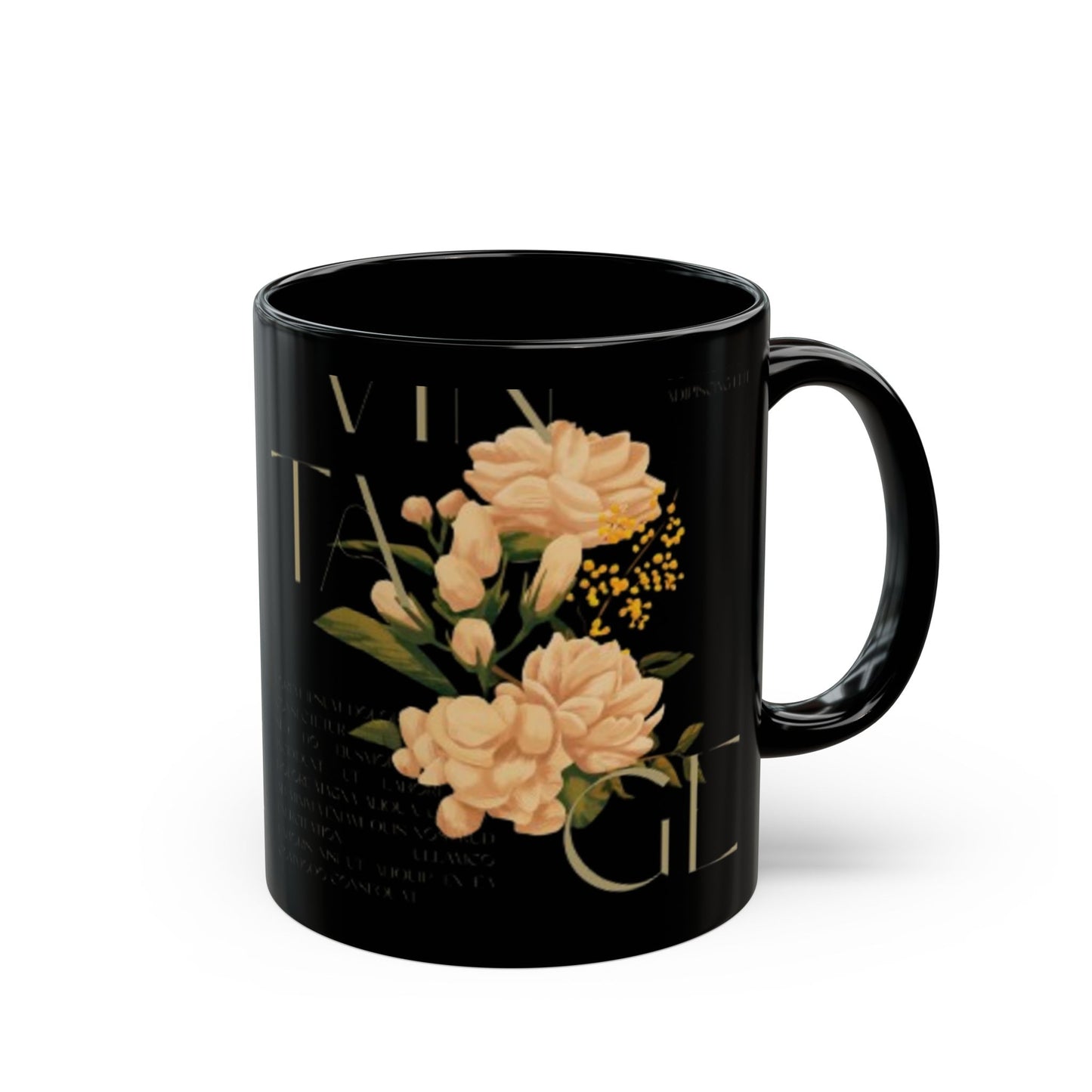 Vintage Floral Black Mug - Elegant 11oz Coffee Cup for Home & Gifts