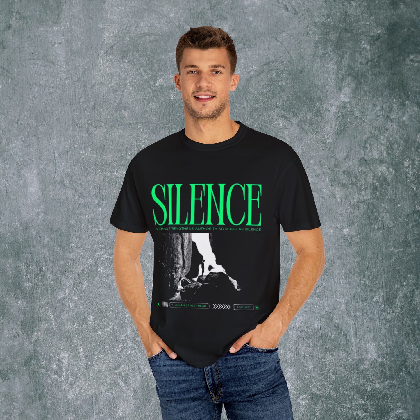 Garment-Dyed T-Shirt with 'Silence' Graphic - Casual Streetwear for Relaxed Vibes