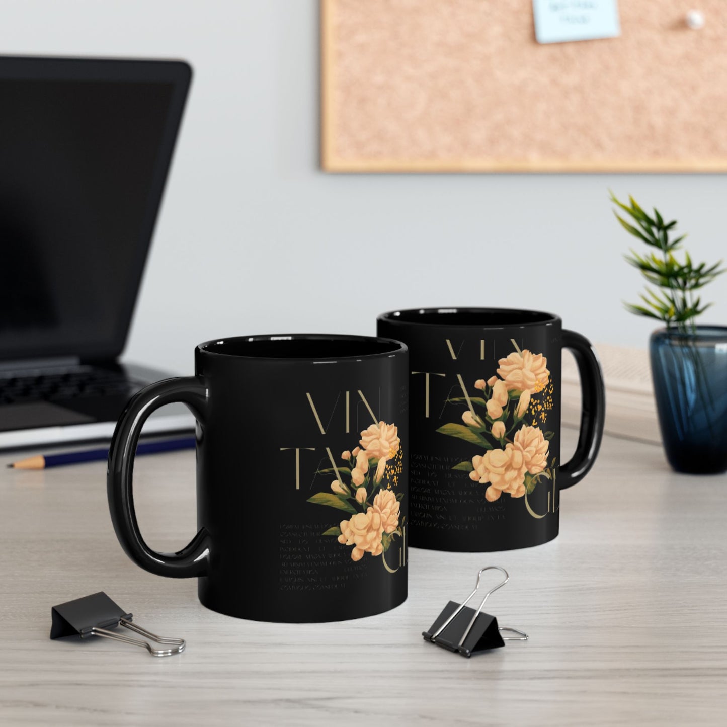 Vintage Floral Black Mug - Elegant 11oz Coffee Cup for Home & Gifts