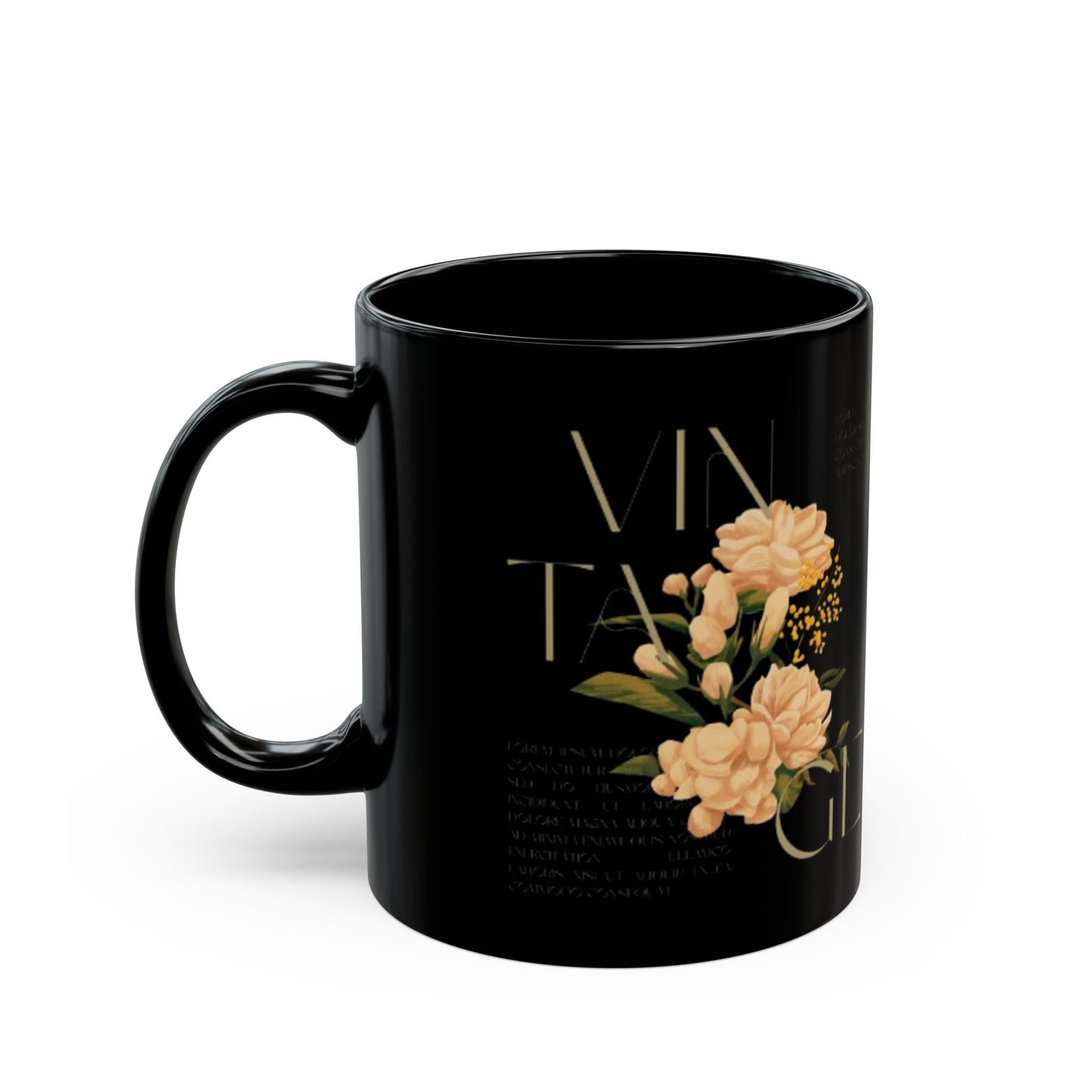 Vintage Floral Black Mug - Elegant 11oz Coffee Cup for Home & Gifts