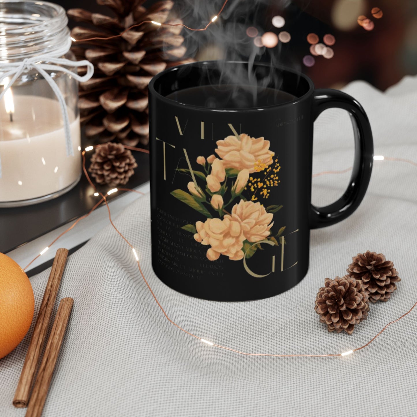Vintage Floral Black Mug - Elegant 11oz Coffee Cup for Home & Gifts