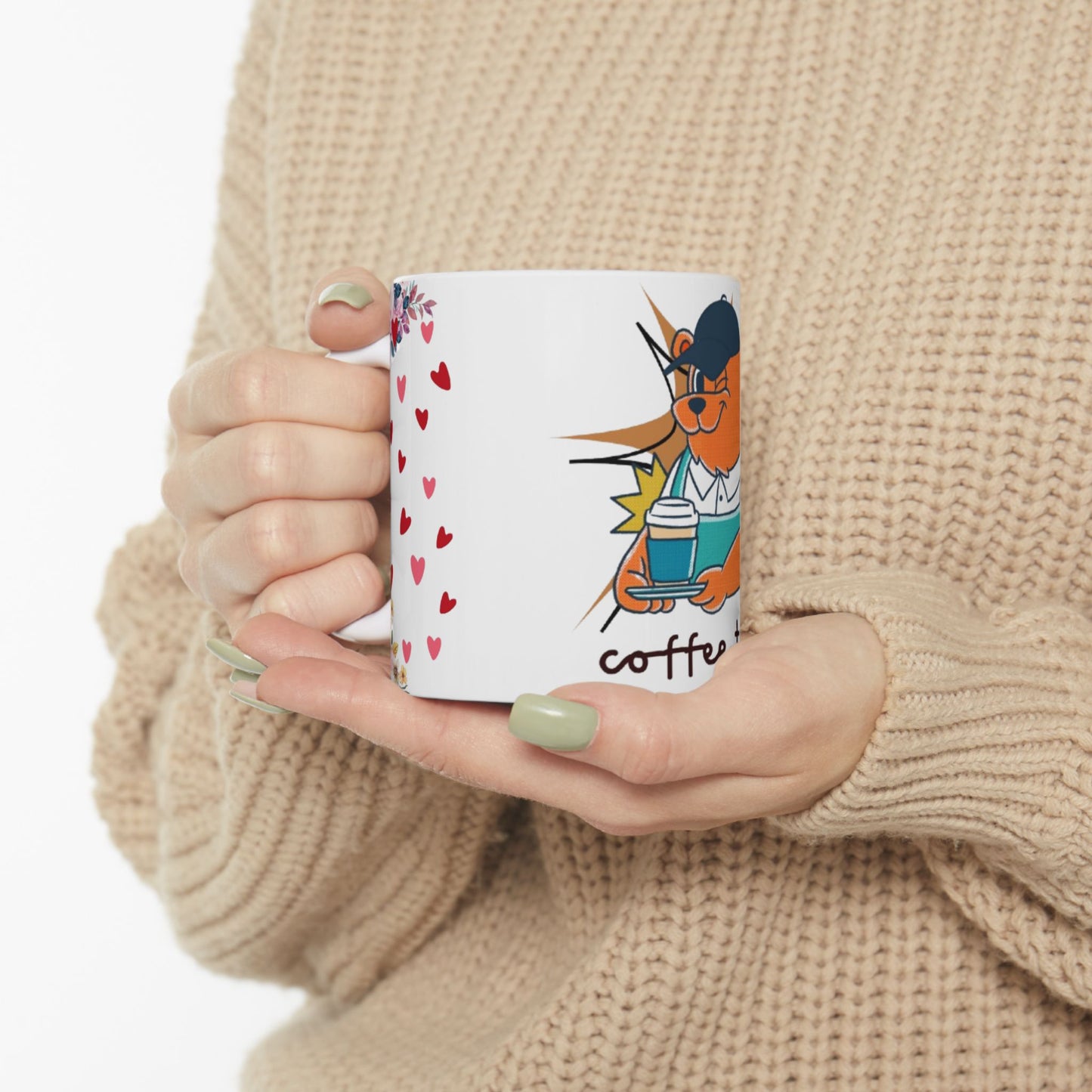 Coffee Time Bear Mug - Cute Animal and Floral Hearts Cup for Animal Lovers