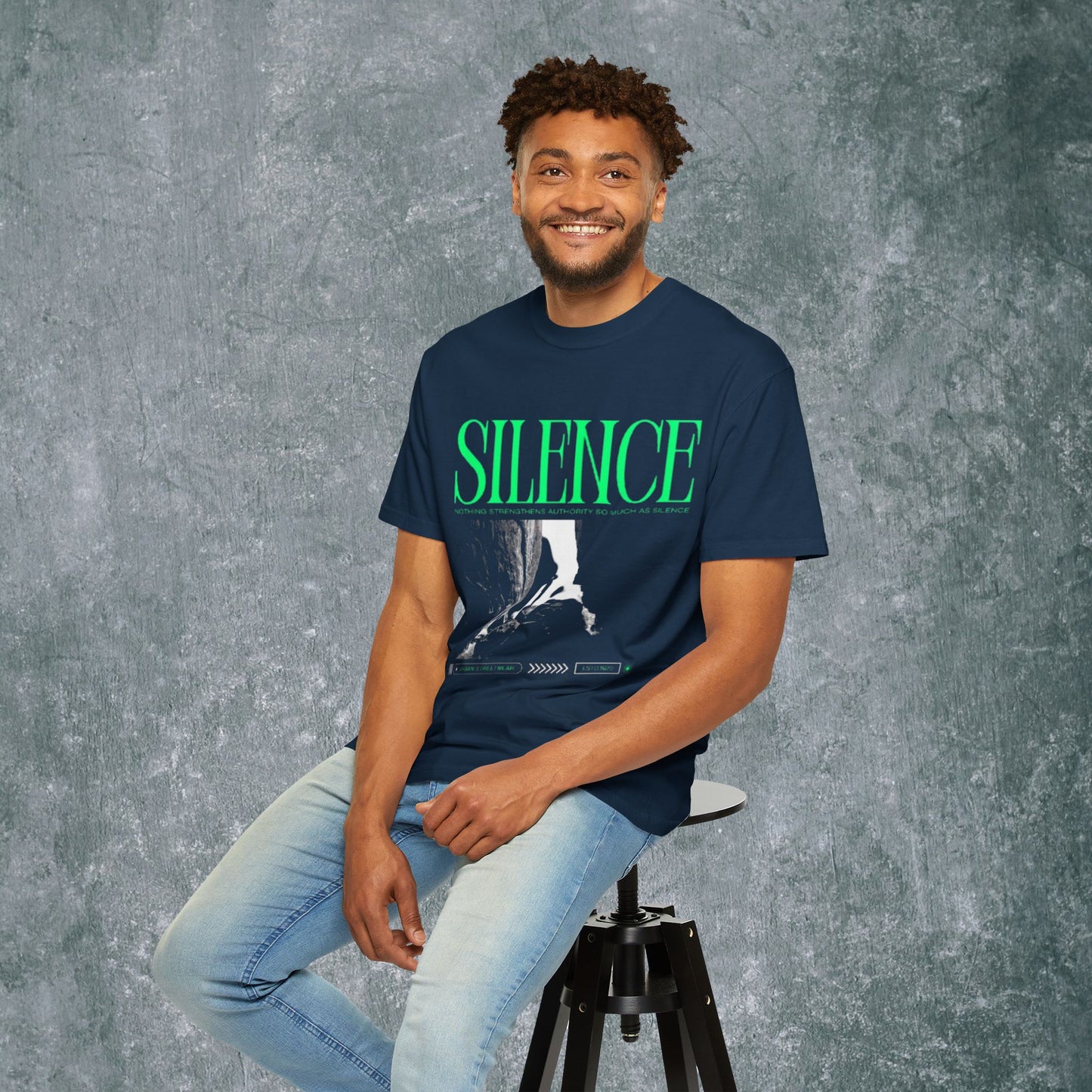 Garment-Dyed T-Shirt with 'Silence' Graphic - Casual Streetwear for Relaxed Vibes