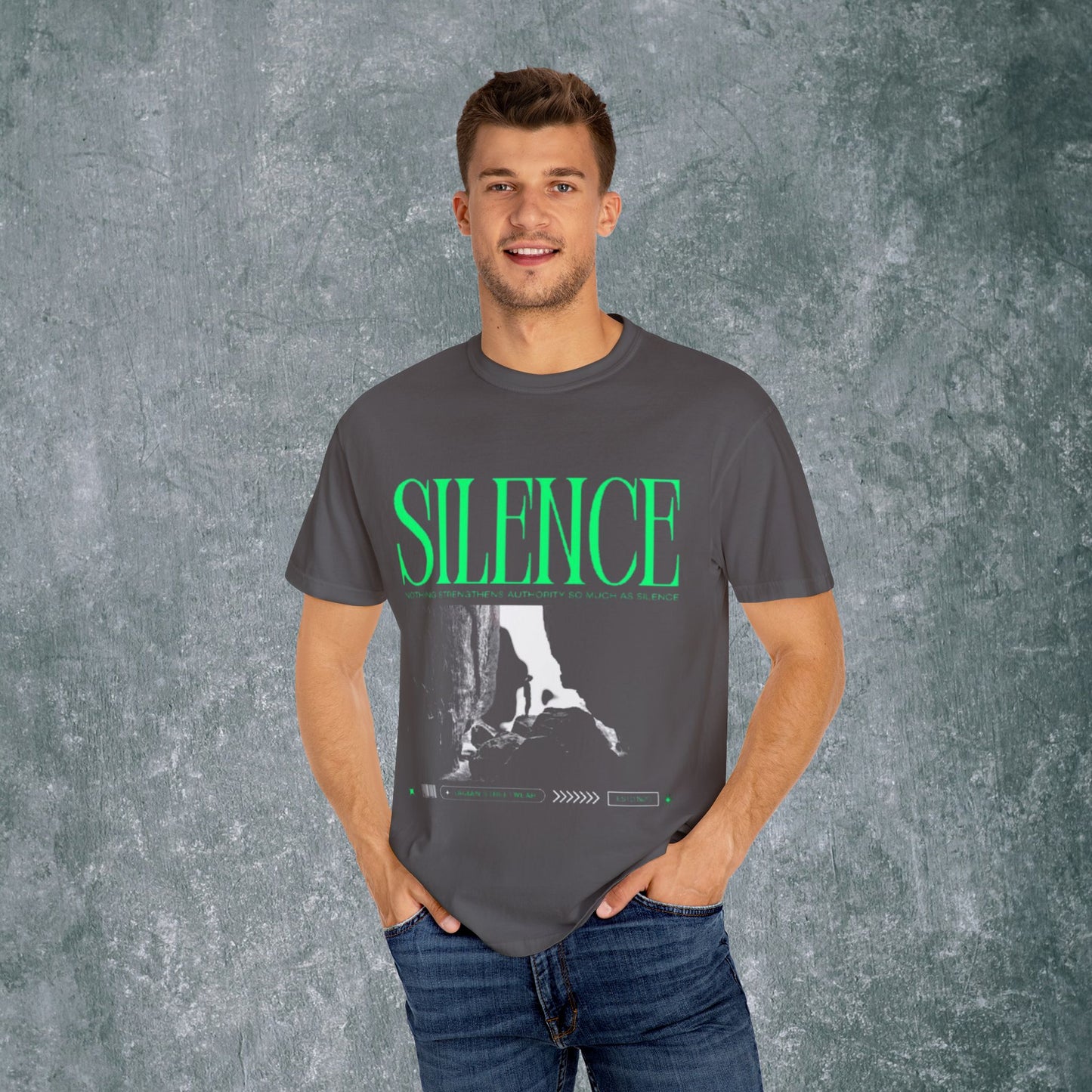 Garment-Dyed T-Shirt with 'Silence' Graphic - Casual Streetwear for Relaxed Vibes