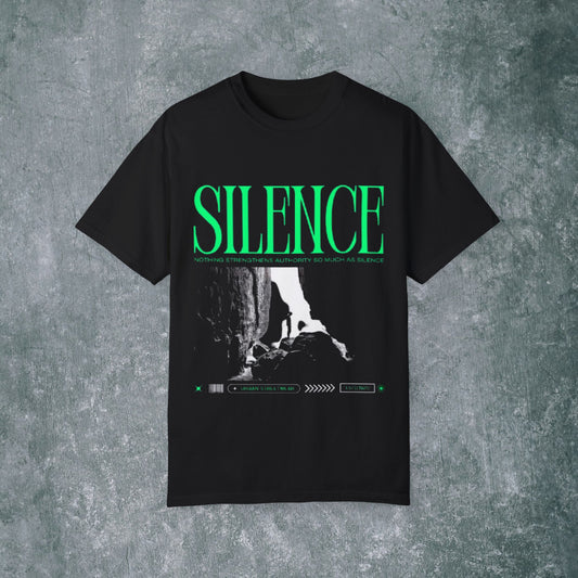 Garment-Dyed T-Shirt with 'Silence' Graphic - Casual Streetwear for Relaxed Vibes